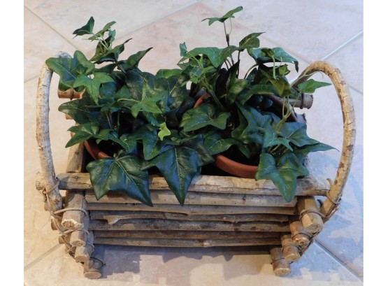 Wood Weave Planter With Faux Plants