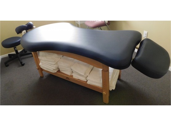 Lovely Blue Massage Table 'Oak Works',   With Rolling Stool And Towel Storage