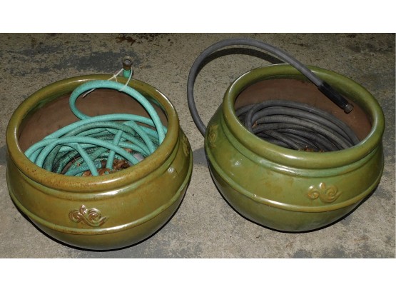 Large Ceramic Planters With Two Garden Hoses