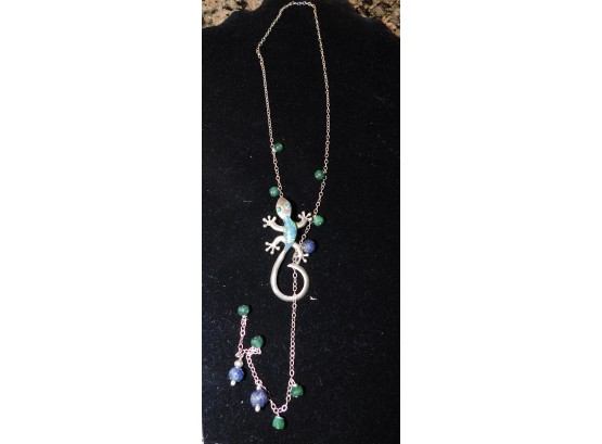 Lovley Silver Tone Lizard Necklace  With Turquoise Accents