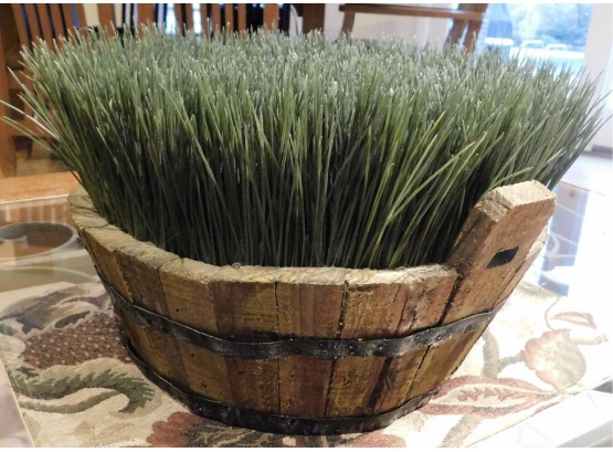 Decorative Faux Grass In Wood Basket