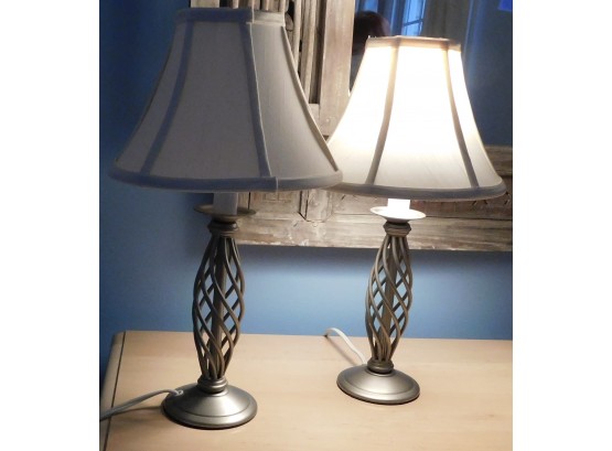 Stylish Pair Of Silver Twist Table Lamps With Shades