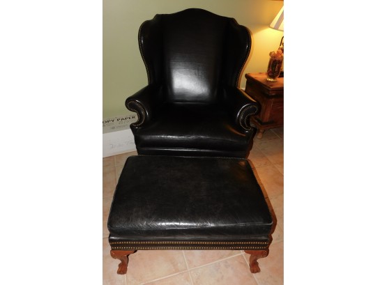 Comfortable Ethan Allen Leather Wingback Studded Chair And Ottoman