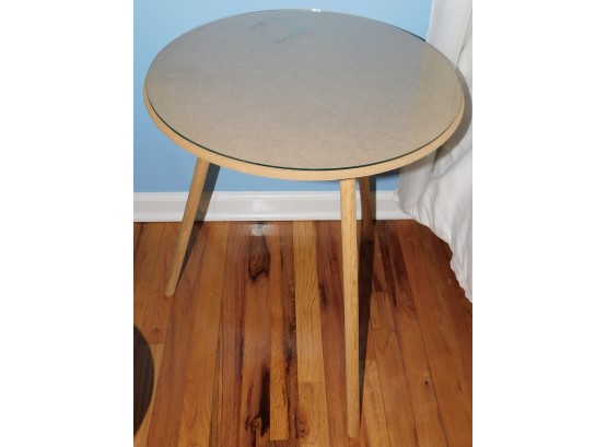 3 Leg Round Faux Wood  Glass Top Table