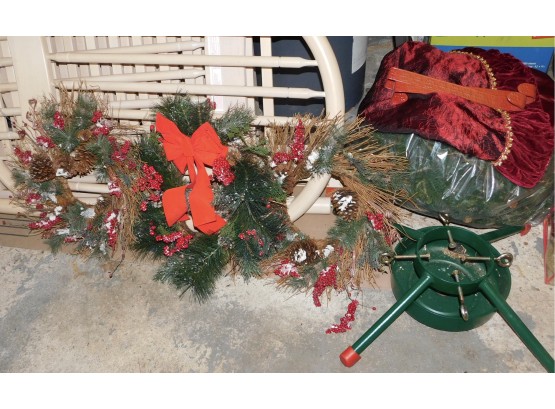Assorted Christmas Wreaths, Holly, Tree Skirt, Tree Stand