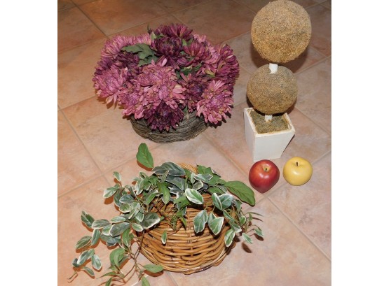 Assorted Lot Of Faux Plants With Baskets And Two Apples