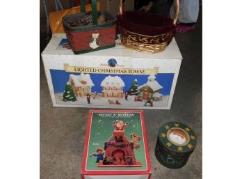 Holiday Classic Christmas Village , Music Box, 2 Baskets, And Decor