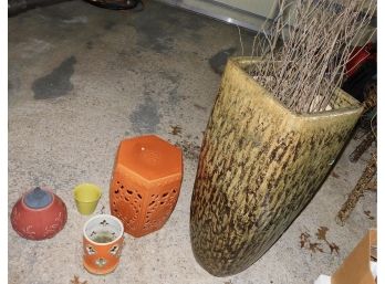 Lovely Japanese Orange Garden Stool With Assorted Lot Of Ceramic Planters