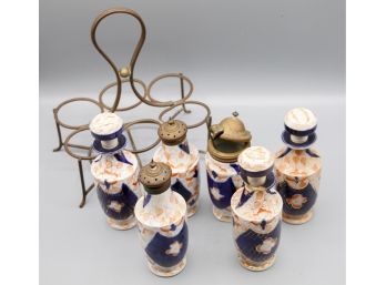Set Of Vintage Ceramic Salt & Pepper Shakers, Creamers & Oil Dispenser - Comes With Metal Rack (0719)