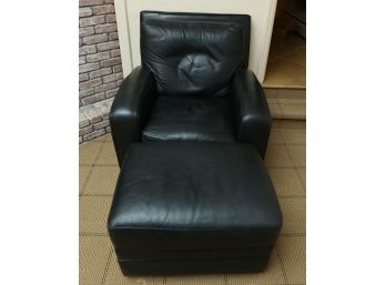 Comfortable Crate & Barrel Black Leather Chair And Ottoman -chair 38x40.5x35 - Ottoman 28x22x18  (0538)