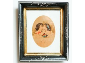 C. 1880 Mourning Lithograph Of Two Little Girls Kissing (0561)