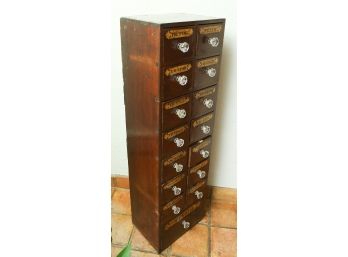 Antique English Nest Of Apothecary 15 Drawer Cabinet W/ Glass Knobs -  48x14x11 (0513)