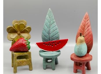 3 Decorative Cast Iron Miniature Chairs W/ Fruit (0727)