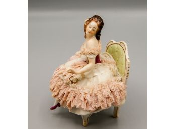 Vintage Dresden Porcelain Lady Seated, Pink Lace, Fabulous  (0732)