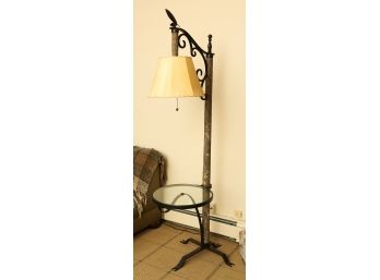 Unique Tree Bark Floor Lamp With Side Table Attached - Rod Iron And Wood W/ Leather Shade  76x22x18 (0532)