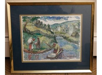 RARE Original Chaim Goldberg  - Watercolor ~ Scene Of Woman Washing Clothes In The River -  - 18x21 (0692)