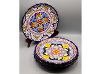 Vintage Talavera Pottery Mexico Casa Juquila Plates (4) 10' Scalloped Edge Colorful Design(0739)