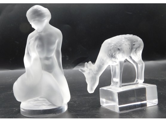 Lalique France Leda & The Swan Figurine Frosted Crystal Nude Woman Signed & Deer Spotted Fawn Figurine