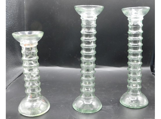 Decorative Set Of 3 Green Accent Glass Candlesticks