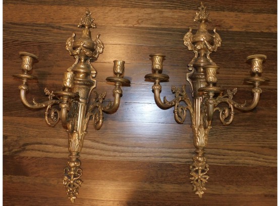 Ornate Pair Of Solid Brass Wall Scones 3 ARM