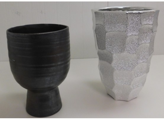 Silver Tone Faceted Design Vase And Footed Grey Vase