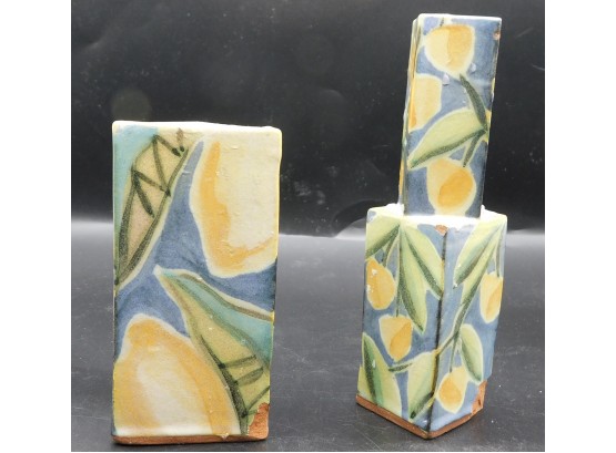 Pair Of Ceramic Fruit Designed Candlesticks Stamped T.s Post91
