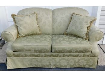Lovely Sage Ethan Allen Roll Arm Jacquard Love Seat With Pillows