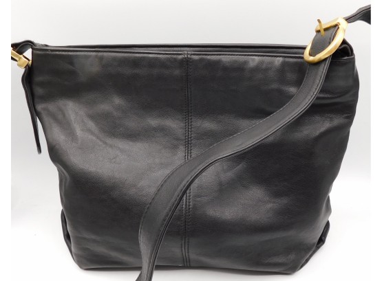 Stylish Stone Mountain Soft Black Leather Bucket Purse Gold Toned Adjustable Buckle (3084)