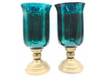 Emerald Green & Gold Glass Pedestal Vases, 14' (154)