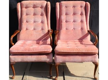 Pair Of Stylish Plush Fabric Tufted Wing Chairs
