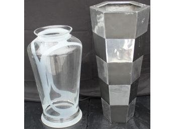 Stylish Pair Of Vases - One Frosted Swirl Glass And One Metal