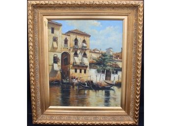 Art By Martin Pena Lovely Scenic Italy Gondola Painting  In A Gold Gilt  Framed