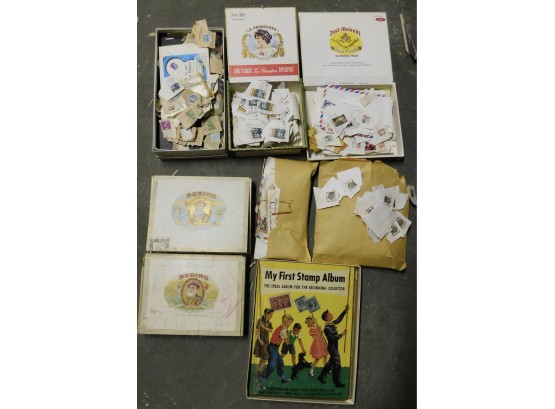 Assorted Lot Of Vintage Stamps With Vintage Cigar Boxes