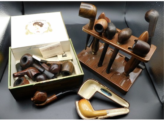 Vintage Assorted Lot Of Wood Smoking Pipes  W/ Ceramic Stand Rack Hold Display