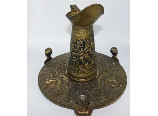 Antique French Brass Plant Stand With Brass Pitcher
