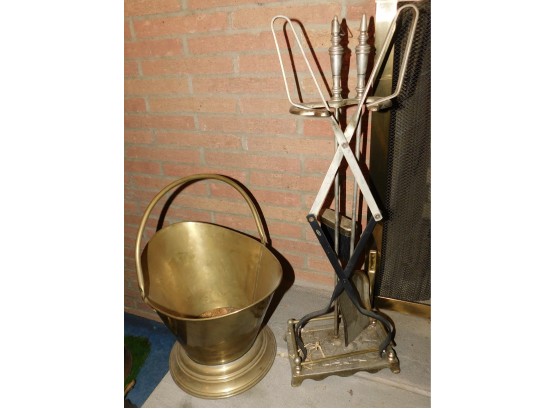 Assorted Brass Fireplace Accessories With Solid Brass Bucket