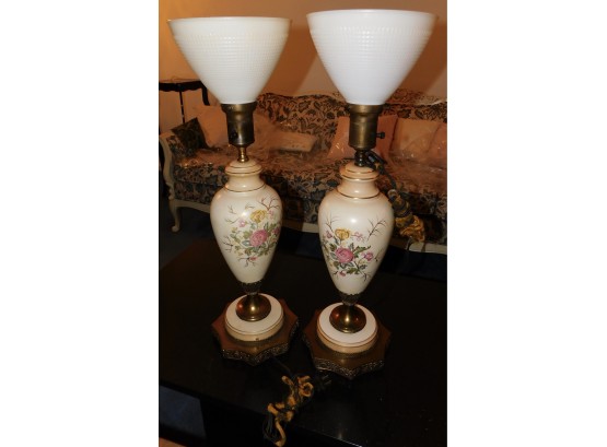 Rare Pair Of LENOX Torchiere Table Lamps Hollywood Regency With Milk Glass Shade