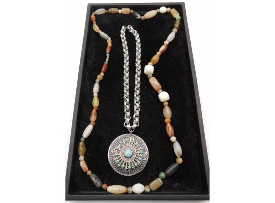 Beautiful Colored  Stone Necklace With Silver Tone Medallion Necklace