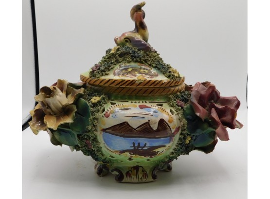 Beautiful Vintage Italy Majolica Pottery Covered Pierced Bowl Ornate Fish