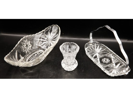 Lot Of Cut Glass - Tooth Pick Holder, Butter Tray, And Candy Dish (0365)
