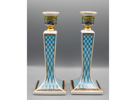 Pair Of Beautiful Porcelain Gold Trimmed Candle Stick Holders  (0317)