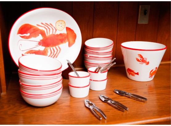 Lot Of Crate & Barrel Lobster Dish Set - 14 Pieces -  W/ Seafood Cracker Set (0449)
