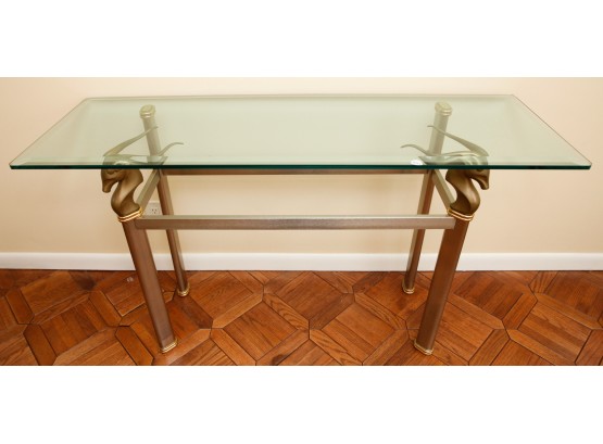 Charming Glass Side Table - Beautiful Brass Horned Animal Accents - 31x54x18 (0312)