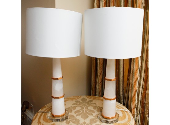 Stunning Stylish Pair Of Marble Accent Lamps  W/ Brass Accents - 30.5 X 15 (0411)