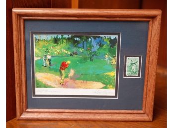 Framed & Matted 'golf Threesome' By  Leroy Neiman - Signed - Bobby Jones 18cent Stamp  (0563)
