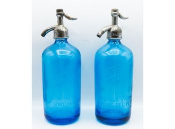 TWO Vintage Long Island Blue Etched Seltzer Bottles Bethpage & West Islip  (0853)