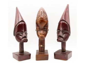 Lot Of 3 African Wooden Sculptures - Woman's Heads - Folk Art Wooden Figurine (0738)