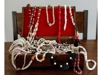 Lot Of Assorted Necklaces - Beaded - Comes W/ Wooden Jewelry Box (0000)