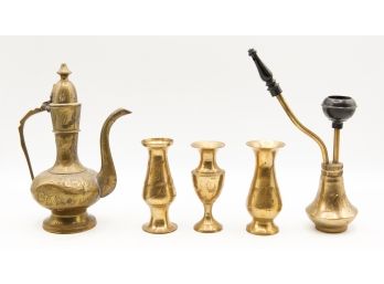 Lot Of 5 Vintage Brass Pieces - 1960s India Etched Hookah Style Chilam Water Pipe, Ewer Pitcher Dallah  (0735)