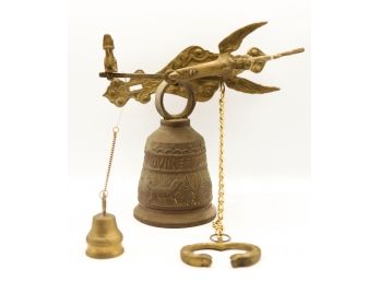 Vintage Wall Mount Angel Brass Bell Door Knocker W/ Hanging Chain Ringer (0672)